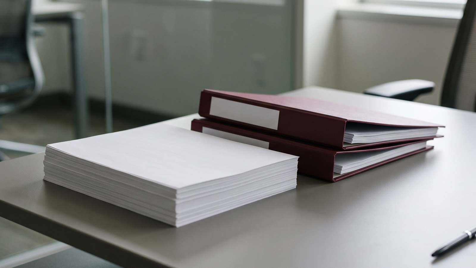 A stack of blank white paper beside two closed burgundy binders on a grey office desk.
