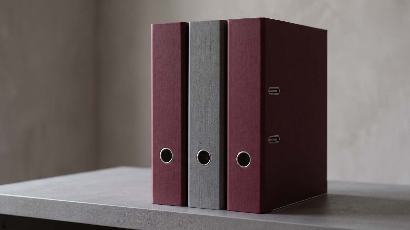 Three closed ring binders, two burgundy and one grey, standing upright on a grey shelf.