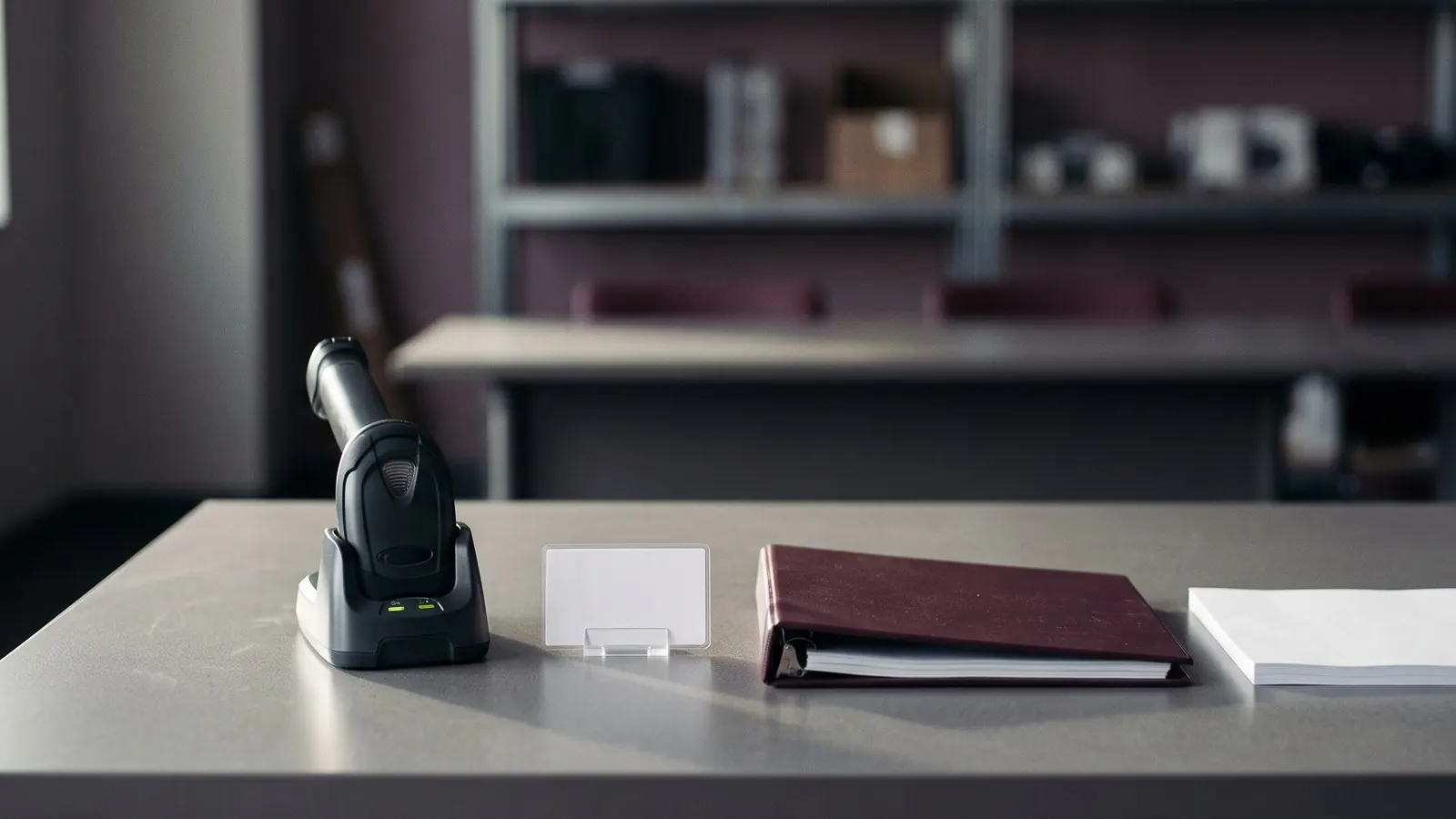 Scanner in its charging cradle beside a blank card stand, a burgundy binder and paper on a grey table